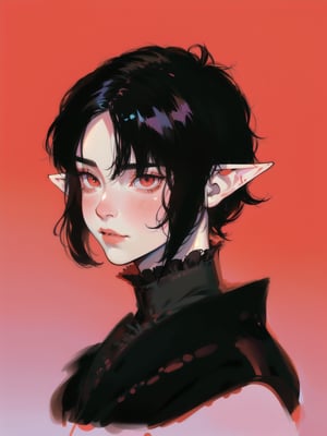 solo, 1boy, closeup, black hair, 1990s \(style\), tr90style, simple background, red eyes, victorian, gradient background, vampire, blush, pale, sad, cute, elf ears, flat-artstyle, highres, high quality, masterpiece, subsurface scattering, upper body, male focus, 