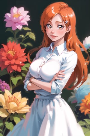 1girl, garden, beautiful, long hair, long skirt, collared shirt, cute, orihime, orange hair, ginger, large breasts, hair clip, hair ornament, crossed arms, cute, clear eyes, smile, looking at viewer