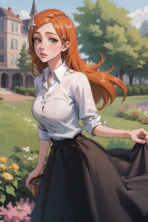 1girl, garden, beautiful, long hair, long skirt, collared shirt, cute, orihime, orange hair, ginger, large breasts, hair clip, hair ornament