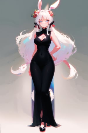 best quality, masterpiece, 1girl, big strong hips, bunny ears, (simple background:1.3), cute, curvy, black chinese dress, furry bunny ears, hips, full body, large breats, wide hips, clear skin, thick hips, clean, goddess, beauty, gradient background, simple background, solo, twintails, plae skin smug anime girl