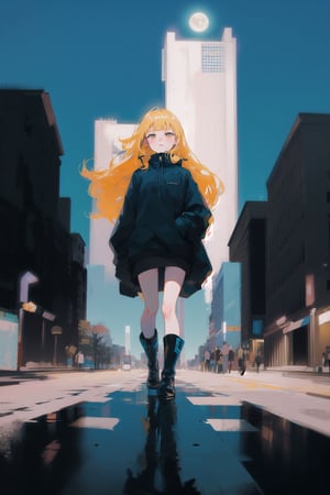 1girl, long hair, detailed face, blue background, blond hair, full body, asphalt, full body, (city:1.2), blue and black clothes, ribbon in hair, full body, black boots, solo, city, tarot artstyle, city, blue color palette, buildings, vibrant colors, dark theme, moon, asphalt floor, reflections, pale skin, asphalt, ,anime