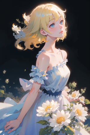 a woman with simple dress, short hair, blonde, global illumination, a photorealistic water painting, in the middle of flowers, long flowers, simple background, subsurface scattering, simple dress, (simple artwork:1.2), simple, (water color:1.2)