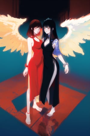 (Best quality:1.4), goddess, full body, barefoot, large breasts, cleavage, foot bracelet, heaven garden, standing, chinese dress, heaven, sleeveless red chinese dress, simple background, serious look,  goddess, long black hair, vibrant colors with high contrast, melancholy,  tarot artstyle, abstract wings, (reflective floor:1.3), (red floor:1.3), best_quality, blue vs red, 2girls, half blue half red, gradient background, black background, dark theme, (dichotomy:1.3), night and day, good and evil, ying and yang, blue floor, 2 girls, split in half, two halves, 2 color palettes, against each other, left side red, right side blue, simple background,