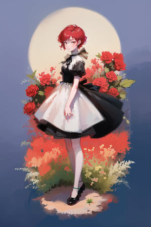 female, (masterpiece,  best quality,  ultra detailed,  absurdres)1.5, white shirt black dress neck ribbon, 1girl short hair, (simple background:.12),  red hair,  bangs,  looking_at_viewer, garden, grass, roses and leaves, gradient background, full body