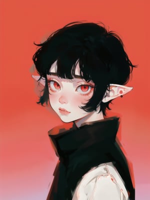 solo, 1boy, closeup, white shirt, black hair, 1990s \(style\), tr90style, simple background, red eyes, jacket, gradient background, vampire, blush, pale, sad, cute, elf ears, flat-artstyle, highres, high quality,