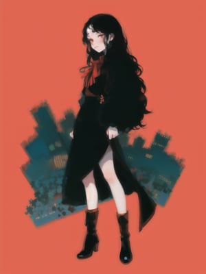 long black shiny hair, ((wavy hair)), red eyes, 1girl, teenager, (city:1.2), red and black clothes, ribbon in hair, full body, (simple background:0.8), black boots,