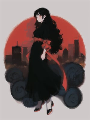 long black shiny hair,  ((wavy hair)),  red eyes,  1girl,  teenager,  city,  red and black clothes,  ribbon in hair,  full body