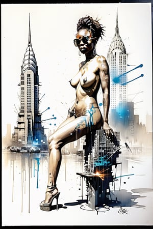 full color painting of nude squatting cyberpunk black African woman with cyberpunk-sunglasses, high heel shoes, M shape with legs, (perfect hourglass figure),(perfect perky tits), (((Grafitti art) (by Carne Griffiths))), on a photographic miniature NYC, complete with miniature empire state building, Chrysler building, she is big, the city small, she towers over it, insane details, intricate details, hyperdetailed, low contrast, soft cinematic light, dim colors, exposure blend, hdr, faded,HellAI,p3rfect boobs