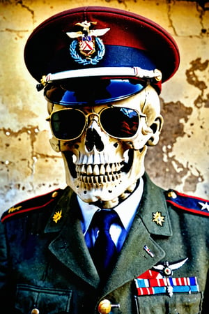 A living skeleton, with uniform from WWII, a colonel visor cap, sunglasses, condecorations and a rifle