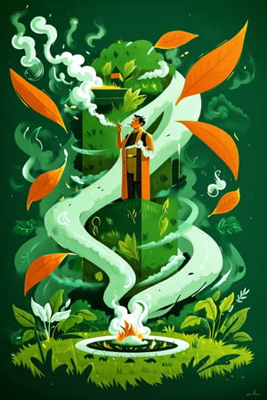 Illustration in the style of Cleon Peterson, The god of grass,male, smoking, lots of leaves, smoke, floating in the air, wuld garden illustrations, two color lineart, thick lines, calygraphy, dark orange and gold, dark green, style of Hsiao Ron Cheng 