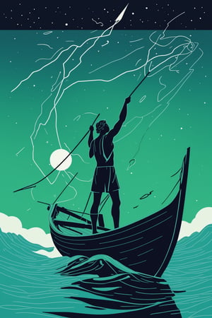 Illustration in the style of Cleon Peterson, The fisher god, he of the oar and the net, winds are his hair and his boat is swifter than lightning.  Sirius is in his bow, the whole y galaxy is his sail, illustrations, two color lineart, green and blue, sea colors 
