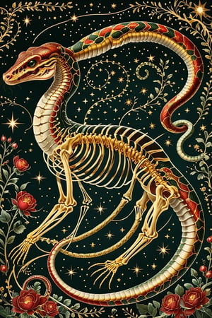 A majestic snake with intricate gold metal patterns adorning his skeletal structure. Jumping in the air, attacking with his fangs bared, in the country backdrop, surrounded by stars and constellations, illustrations, beautiful. The color palette is dominated by dark red, gold,  black and white, with the skeleton shining, being the most prominent feature, contrasting beautifully with the background elements.