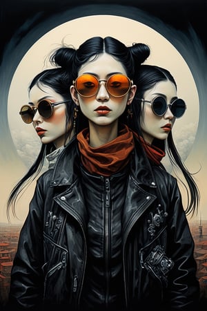 group of three, 3girls, techno and bauhaus disco goth girls in Berlin 79, techno, black leather and steel, extreme sunglasses, illustrations, tri tone, cool and neutral colors , centered, symmetry, painted, intricate, volumetric lighting, beautiful, rich deep colors masterpiece, sharp focus, ultra detailed, in the style of dan mumford and marc simonetti, astrophotography,aw0k dalle,analog,AnalogRedmAF,DonMB4nsh33XL ,darkart,Japan Vibes,digital artwork by Beksinski,LegendDarkFantasy,Ukiyo-e, in the style of esao andrews