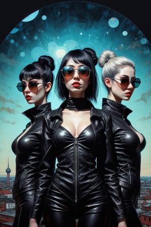 group of three, 3girls, techno and bauhaus disco goth girls in Berlin 79, techno, black leather and steel, extreme sunglasses, illustrations, tri tone, cool and neutral colors , centered, symmetry, painted, intricate, volumetric lighting, beautiful, rich deep colors masterpiece, sharp focus, ultra detailed, in the style of dan mumford and marc simonetti, astrophotography,aw0k dalle,analog,AnalogRedmAF,DonMB4nsh33XL ,darkart,Japan Vibes,digital artwork by Beksinski,LegendDarkFantasy,Ukiyo-e, in the style of esao andrews