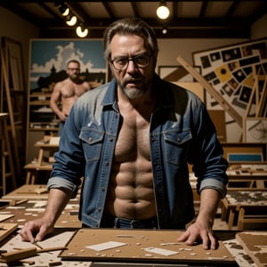 a realistic photograph of an old and grizzly Male artist, a paintor, furious, desperately ransacking his studio, pictures and canvases lying around, leather jacket, no shirt, bluejeans, beard, glasses, highest quality, artist studio background, bright lighting,<lora:659111690174031528:1.0>