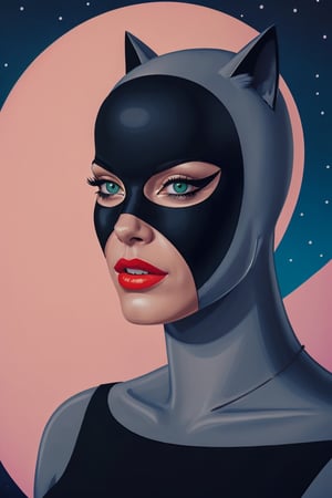 Catwoman, mask, green eyes, Pink lipstick, ultra-detailed art illustration, night city, 