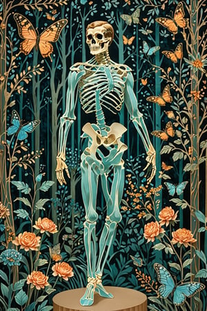 A majestic male ballet dancer with intricate blue metal patterns adorning his skeletal structure. The dancer stands amidst a serene forest theater backdrop, surrounded by various fake cardboard trees, flowers, and butterflies. The color palette is dominated by soft pastels, with the manr's skeleton shining, being the most prominent feature, contrasting beautifully with the background elements.