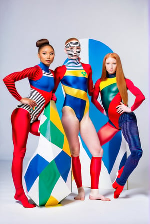 Stylish photography studio lighting, five stunning  girls, gimnasts, in skimp and skintight leotards, the uniforms of the Olympic Team, decorated with stripes and op art inspired motifs,  One is from Sweden and blonde, one tall African, one long hair redhead Irish, one Japanese and one Spanish. They are posing looking at the camera, arms crossed and serious expression. They are Five, no more no less, Hasselblad camera, high quality image