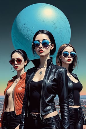 group of three, 3girls, techno and bauhaus disco goth girls in Berlin 79, techno, black leather and steel, extreme sunglasses, illustrations, tri tone, cool and neutral colors , centered, symmetry, painted, intricate, volumetric lighting, beautiful, rich deep colors masterpiece, sharp focus, ultra detailed, in the style of dan mumford and marc simonetti, astrophotography,aw0k dalle,analog,AnalogRedmAF,DonMB4nsh33XL ,darkart,Japan Vibes,digital artwork by Beksinski,LegendDarkFantasy,Ukiyo-e, in the style of esao andrews,flat design