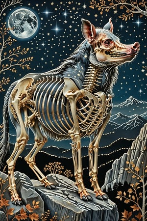 A majestic wild hog with intricate silver metal patterns adorning his skeletal structure. Climbing rocks in the country backdrop, surrounded by stars and constellations, illustrations, beautiful. The color palette is dominated by dark blua, silver, black and white, with the skeleton shining, being the most prominent feature, contrasting beautifully with the background elements.