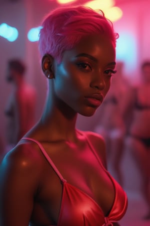 Black bikini model, pink hair, red light, full body image 