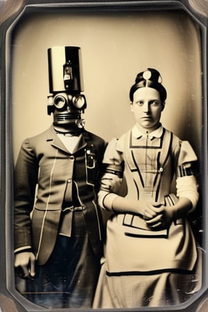1856 robotpunk scene captured in a daguerreotype, a metallic tin man, clockwork and steam engine, infused with stylistic elements of August Macke and Mary Fedden, with the high-fashion dynamism characteristic of Markus Klinko, timeless, expressive, meticulous, evocative, hyperrealistic, high definition, with perfect composition, clarity, award winning harmony, organic photorealism, delicate sharpness, dazzling, bewitching masterpiece.,tintime 