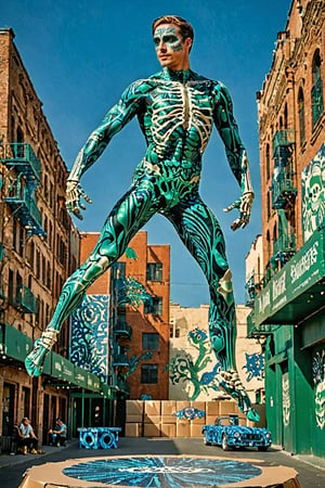 A majestic male ballet dancer with intricate blue metal patterns adorning his skeletal structure. The dancer is jumping in the air, amidst a city theater backdrop, surrounded by various fake cardboard cars and streets. The color palette is dominated by green and white, with the manr's skeleton shining, being the most prominent feature, contrasting beautifully with the background elements.,bold line,glitt3r