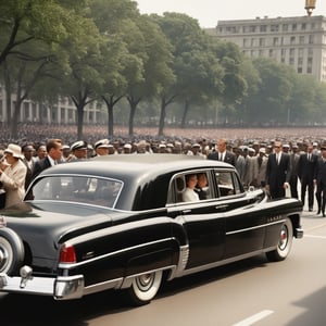 The president is riding in an open top car trough a big city avenue, the president and his wife are riding on the back seat of the car, waving to the crowd, ((a massive crowd watching)), (a big 1950s open limousine) , beside the car a security guard, secret service, with suit, sunglasses and a earpiece, running beside the car, overcast day, dynamic pose, great composition, high quality image, medium format camera, Hasselblad ,laura,dollskill,REALISTIC,Raw Photo,art_booster,MarianKelly