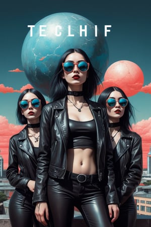 group of three, 3girls, techno and bauhaus disco goth girls in Berlin 79, techno, black leather and steel, extreme sunglasses, illustrations, tri tone, cool and neutral colors , centered, symmetry, painted, intricate, volumetric lighting, beautiful, rich deep colors masterpiece, sharp focus, ultra detailed, in the style of dan mumford and marc simonetti, astrophotography,aw0k dalle,analog,AnalogRedmAF,DonMB4nsh33XL ,darkart,Japan Vibes,digital artwork by Beksinski,LegendDarkFantasy,Ukiyo-e, in the style of esao andrews,flat design