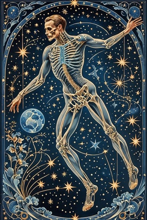 A majestic male ballet dancer with intricate blue metal patterns adorning his skeletal structure. The dancer is jumping in the air, amidst a horoscope signs backdrop, surrounded by stars and constellations illustrations beautiful. The color palette is dominated by dark blue, black and white, with the manr's skeleton shining, being the most prominent feature, contrasting beautifully with the background elements.