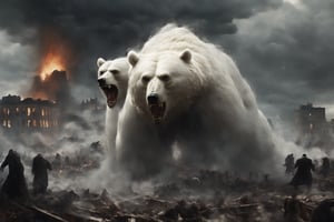 A monster giant white bear cries in the wind, ((fangs)), rampaging, over a desolate view of a destroyed city, fires raging, people scurrying around, painting, epic, masterpiece, atmospheric, High resolution, multiple details, each character has different clothes and weapons, a storm cloud is hanging over the whole scene , in the style of esao andrews,LegendDarkFantasy,style of Edvard Munch,Edvard Munch style, Edvard Munch art,Edvard Munch