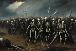 A whole army of skeletons, with swords, scabbards, musketeers, and skeleton horses is charging across a desolate field against an invisible enemy, painting, epic, masterpiece, atmospheric, High resolution, multiple details, each character has different clothes and weapons, a storm cloud is hanging over the whole scene , in the style of esao andrews,LegendDarkFantasy,style of Edvard Munch