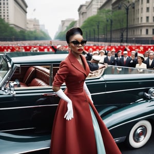 The president is riding in an open top car trough a big city avenue, the president and his wife are riding on the back seat of the car, waving to the crowd, ((a massive crowd watching)), (a big 1950s open limousine) , beside the car a security guard, secret service, with suit, sunglasses and a earpiece, running beside the car, overcast day, dynamic pose, great composition, high quality image, medium format camera, Hasselblad ,laura,dollskill,REALISTIC,Raw Photo,art_booster,MarianKelly