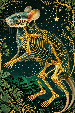 A majestic rat with intricate gold metal patterns adorning his skeletal structure. Jumping in the air, attacking with bared fangs, in the jungle backdrop, surrounded by stars and constellations, illustrations, beautiful. The color palette is dominated by dark blue, green, black and white, with the skeleton shining, being the most prominent feature, contrasting beautifully with the background elements.