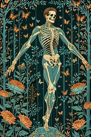 A majestic male ballet dancer with intricate blue metal patterns adorning his skeletal structure. The dancer is jumping in the air, amidst a serene forest theater backdrop, surrounded by various fake cardboard trees, flowers, and butterflies. The color palette is dominated by soft pastels, with the manr's skeleton shining, being the most prominent feature, contrasting beautifully with the background elements.,bold line