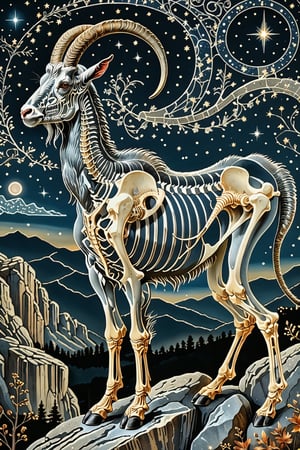 A majestic billy goat with intricate silver metal patterns adorning his skeletal structure. Climbing rocks in the country backdrop, surrounded by stars and constellations, illustrations, beautiful. The color palette is dominated by dark blua, silver, black and white, with the skeleton shining, being the most prominent feature, contrasting beautifully with the background elements.