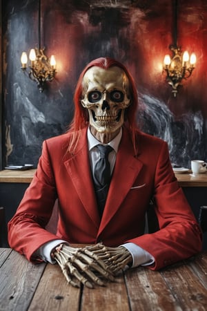  Death, the grim reaper as a creepy business man in red luxurious suit, skeleton face, black hole eyes, gold tie, sitting in a small fancy cafe in a European city, photorealistic portrait, half body portrait, eerie, cinematic, moody lights,style of Edvard Munch