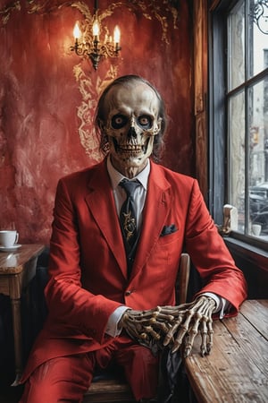  Death, the grim reaper as a creepy business man in red luxurious suit, skeleton face, black hole eyes, gold embroidered tie, sitting in a small fancy cafe in a European city,  portrait, half body portrait, holding out his hand to shake, eerie, cinematic, moody lights,style of Edvard Munch