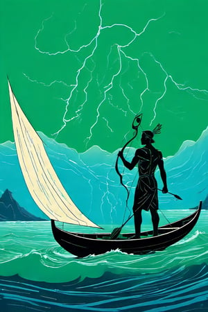 Illustration in the style of Cleon Peterson, The fisher god, he of the oar and the net, winds are his hair and his boat is swifter than lightning.  Sirius is in his bow, the whole y galaxy is his sail, illustrations, two color lineart, green and blue, sea colors 