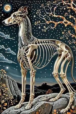 A majestic greyhound dog with intricate silver metal patterns adorning his skeletal structure. Climbing rocks in the country backdrop, surrounded by stars and constellations, illustrations, beautiful. The color palette is dominated by dark blua, silver, black and white, with the skeleton shining, being the most prominent feature, contrasting beautifully with the background elements.