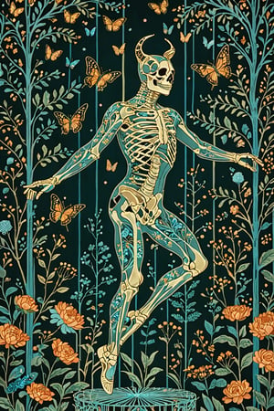 A majestic male ballet dancer with intricate blue metal patterns adorning his skeletal structure. The dancer is jumping in the air, amidst a serene forest theater backdrop, surrounded by various fake cardboard trees, flowers, and butterflies. The color palette is dominated by soft pastels, with the manr's skeleton shining, being the most prominent feature, contrasting beautifully with the background elements.,bold line