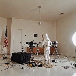 style of Miles Aldridge, 
A film crew is preparing for the shoot of their lives, the moon landing of the Apollo 11 in 1963,
minimalist decorations, professional serene lighting, Wide Angle, 360 Panorama, high detail, 