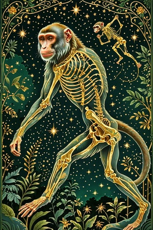 A majestic macaque with intricate gold metal patterns adorning his skeletal structure. The dancer is jumping in the air, in the jungle backdrop, surrounded by stars and constellations illustrations beautiful. The color palette is dominated by dark blue, green, black and white, with the skeleton shining, being the most prominent feature, contrasting beautifully with the background elements.