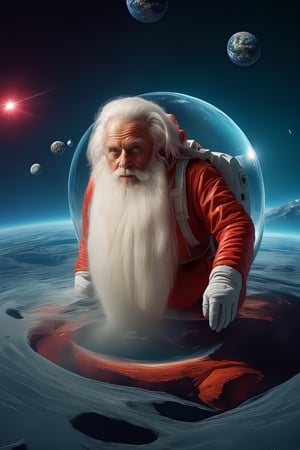 Full body portrait, wide-angle, Cinematic results,  image of a spaceman santa Claus, an old man with a big white beard wearing a futuristic space suit, big and round, in a white and red color scheme, floating in space, with planet earth on the background, Raw photo, analog, skin texture , high detail photography, blemishes, 35 mm, high quality image, medium format camera, Hasselblad, ultra high quality, insane detail, movie like light, Hyper realistic, perfect eyes, perfect hands, no makeup, volumetric lighting ,<lora:659095807385103906:1.0>
