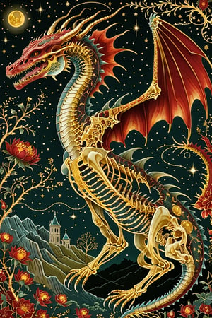 A majestic dragon with intricate gold metal patterns adorning his skeletal structure. Jumping in the air, attacking with his teeth bared, in the country backdrop, surrounded by stars and constellations, illustrations, beautiful. The color palette is dominated by dark red, gold,  black and white, with the skeleton shining, being the most prominent feature, contrasting beautifully with the background elements.