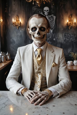  Death, the grim reaper as a creepy business man in dirty grimy white luxurious suit, skeleton face, black hole eyes, gold embroidered tie, sitting in a small fancy cafe in a European city,  portrait, half body portrait, holding out his hand to shake, eerie, cinematic, moody lights,style of Edvard Munch,Edvard Munch style