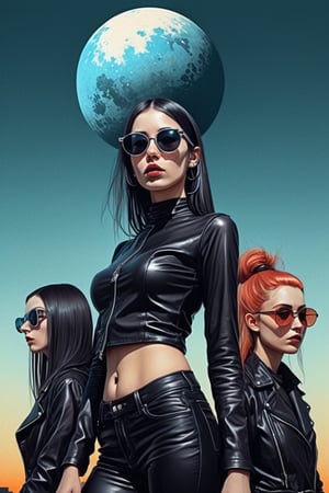 group of three, 3girls, techno and bauhaus disco goth girls in Berlin 79, techno, black leather and steel, extreme sunglasses, illustrations, tri tone, cool and neutral colors , centered, symmetry, painted, intricate, volumetric lighting, beautiful, rich deep colors masterpiece, sharp focus, ultra detailed, in the style of dan mumford and marc simonetti, astrophotography,aw0k dalle,analog,AnalogRedmAF,DonMB4nsh33XL ,darkart,Japan Vibes,digital artwork by Beksinski,LegendDarkFantasy,Ukiyo-e, in the style of esao andrews,flat design