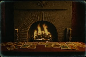 Twelve tarot csrds on a dark and foreboding table, the spirit of a dead man is floating in the victorian room, the light of the fireplace illuminate the carnage on the background, rule of thirds, intricate, volumetric lighting, beautiful, rich deep colors masterpiece, sharp focus,Movie Still,more detail XL, cinematic moviemaker style,tintime,cyanotime