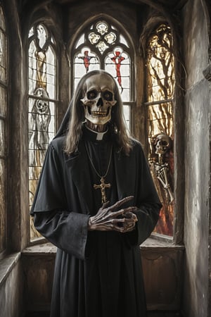 Death, the grim reaper as a creepy priest man in dirty bloodstained cassock , skeleton face, black hole eyes, gold teeth , standing in an old chapel with stained glass windows, portrait, half body portrait, holding out his hand to shake, eerie, cinematic, moody lights,style of Edvard Munch,Edvard Munch style, Edvard Munch art