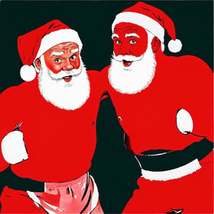 Create a heartwarming scene of Santa Claus showcasing his festive spirit in a friendly boxing match. A close-up illustration featuring Santa in his iconic red and white hat, sporting boxing gloves, and GETTING PUNCHED HARD IN THE FACE, in the style of Norman Rockwell ,blotter,<lora:659095807385103906:1.0>